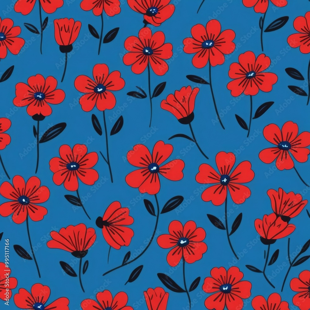 Fototapeta premium Red Flower Floral Leaf Seamless Pattern on Blue Background Wallpaper Backdrop