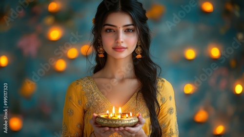 Portrait of a young Indian woman in a yellow anarkali with golden detailing, holding a single big thali with diyas, indoor Diwali backdrop with glowing lanterns and floral garlands on the walls photo