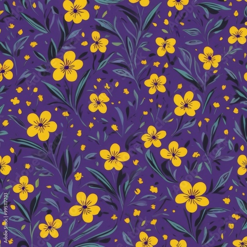 Yellow Flower Floral Seamless Pattern on Purple Background