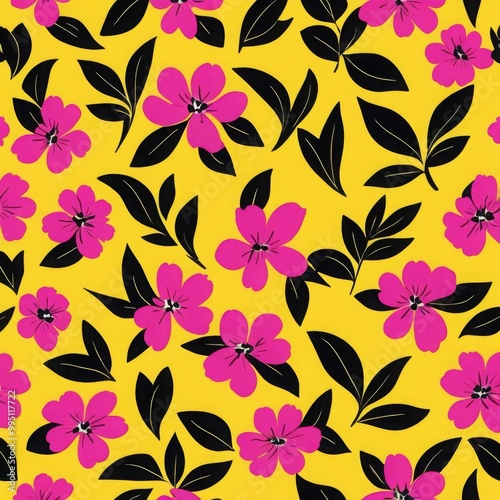 Hot Pink Flower Floral Black Leaf Seamless Pattern Background