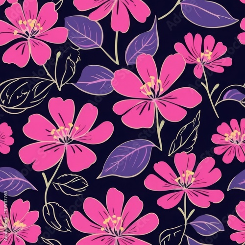 Hot Pink Floral Flower Purple Leaf Seamless Pattern Background Wallpaper Backdrop