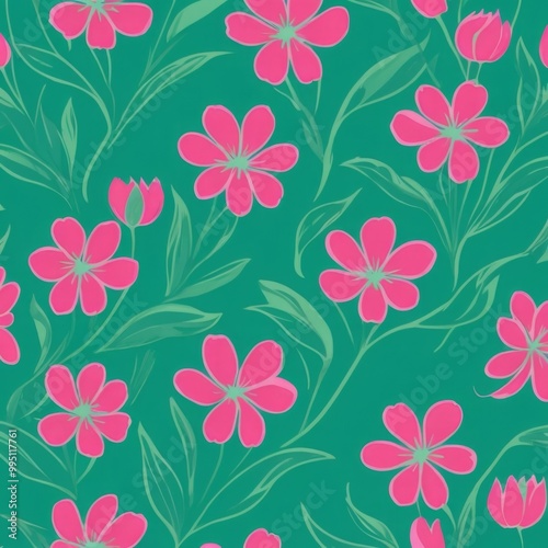 Hot Pink Floral Seamless Pattern on Green Background