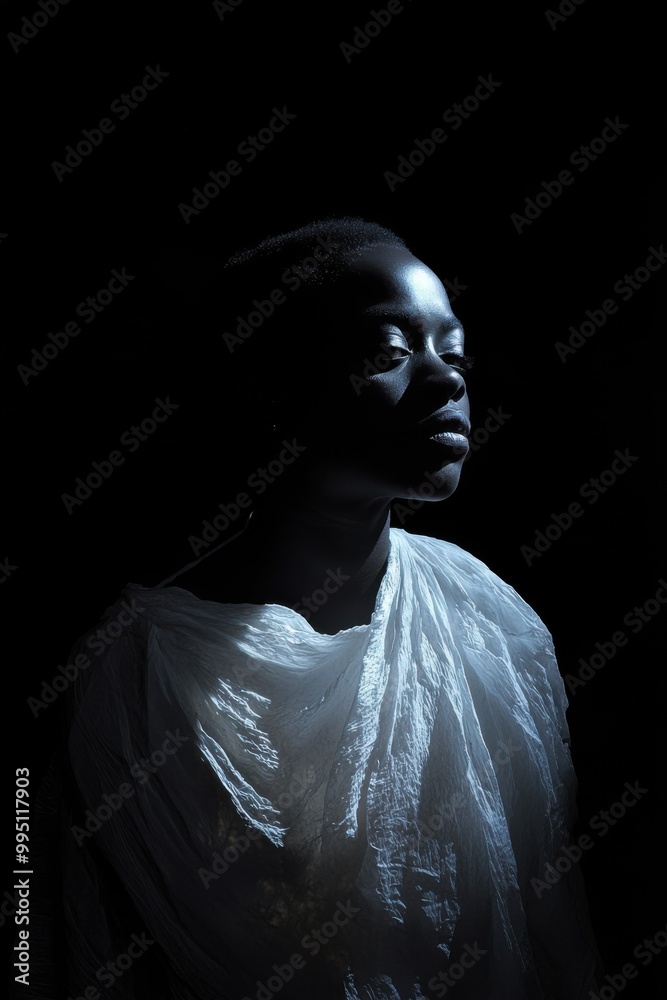 Portrait of an African woman with a ghostly pale face, wearing a tattered white gown, copy space in the middle, in a black background, Halloween theme, haunted spirit, chilling lighting. Portrait of an African woman with a ghostly pale face, wearing a tattered white gown, copy space in the middle, in a black background, Halloween theme, haunted spirit, chilling lighting.