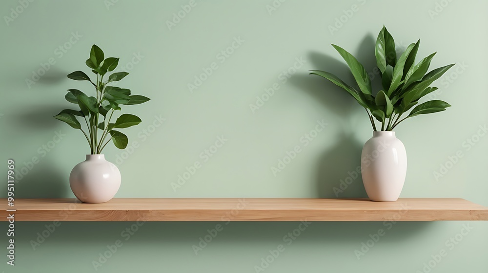 A tabletop in an empty space with a plant in a vase for product display on light green background A tabletop in an empty space with a plant in a vase for product display on light green background