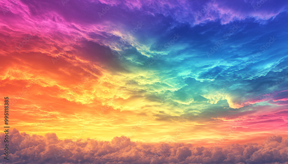 Obraz premium A dreamy sky transitioning from a golden sunset to a full spectrum of rainbow colors, giving off a vibrant yet calming feel