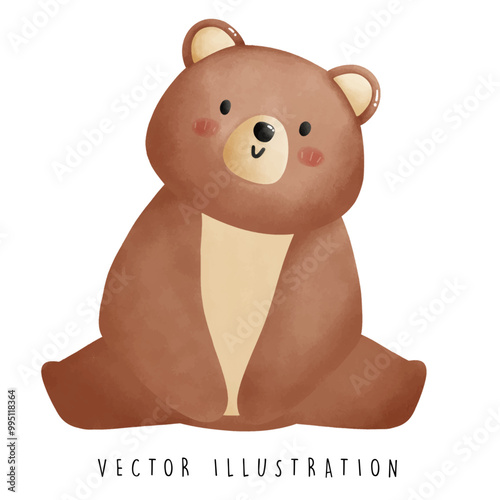 Energetic Bear Sitting with Spread Legs - Fun Water Color Cartoon