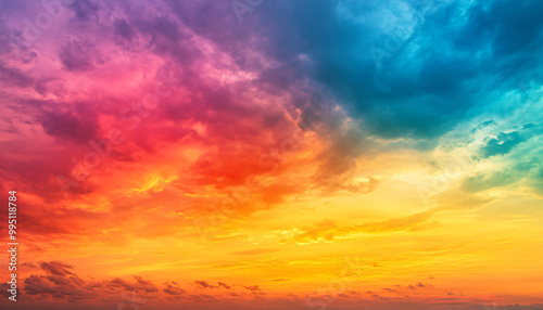 A dreamy sky transitioning from a golden sunset to a full spectrum of rainbow colors, giving off a vibrant yet calming feel