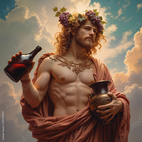 A captivating portrayal of Bacchus, the Roman god of wine, surrounded by lush grapevines and holding a wine goblet. Perfect for wine branding, classical art references, or mythology-themed projects photo