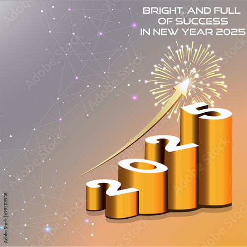 Successful New Year 2025 Celebration with Rising Arrow and Fireworks.2025 business success, goals set. Fast growth and stock market trends lead to financial progress. happy new year 2025 Celebration.