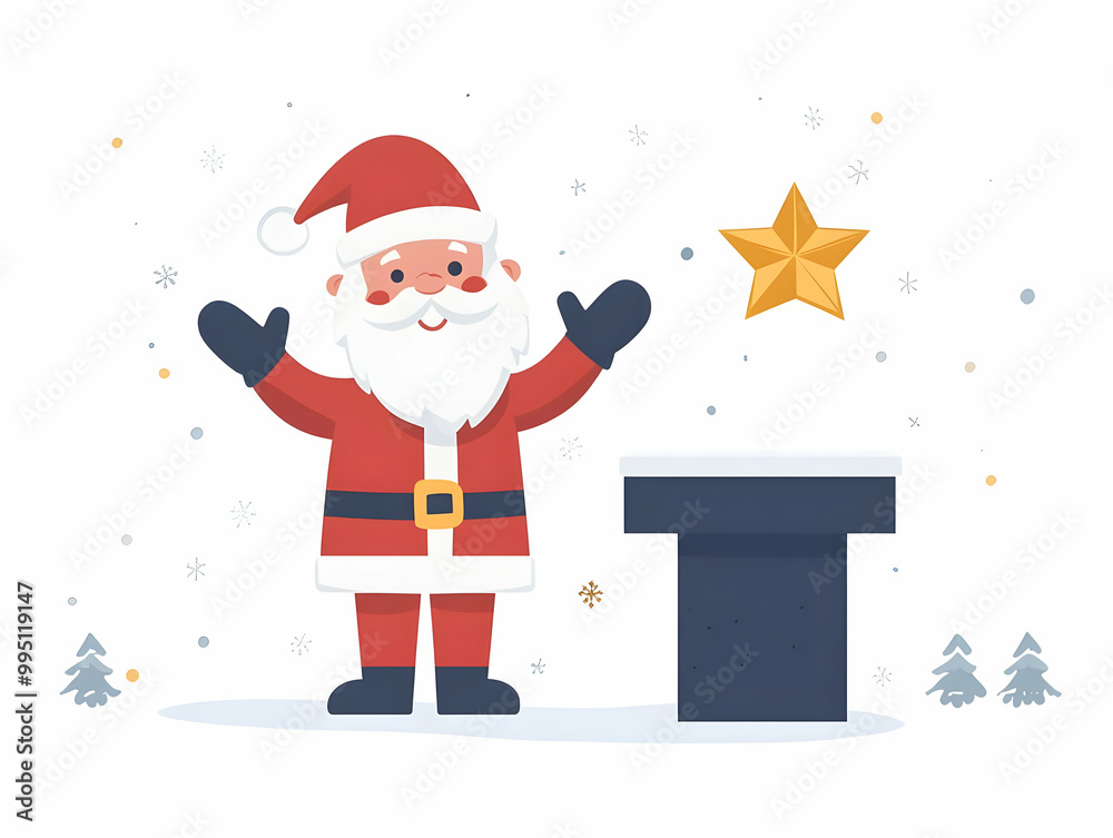 Flat Vector Illustration of Santa Beside a Podium with a Large Christmas Star � Ideal for Holiday Messages and Festive Designs Flat Vector Illustration of Santa Beside a Podium with a Large Christmas Star � Ideal for Holiday Messages and Festive Designs