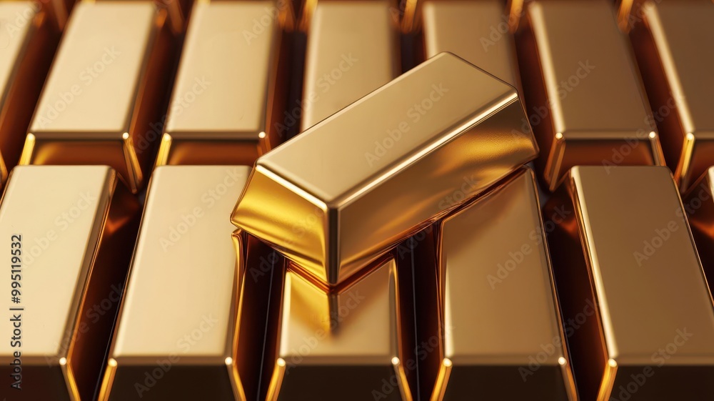 A close-up view of gold bars stacked together, showcasing their shiny, reflective surfaces and rich, golden color. A close-up view of gold bars stacked together, showcasing their shiny, reflective surfaces and rich, golden color.