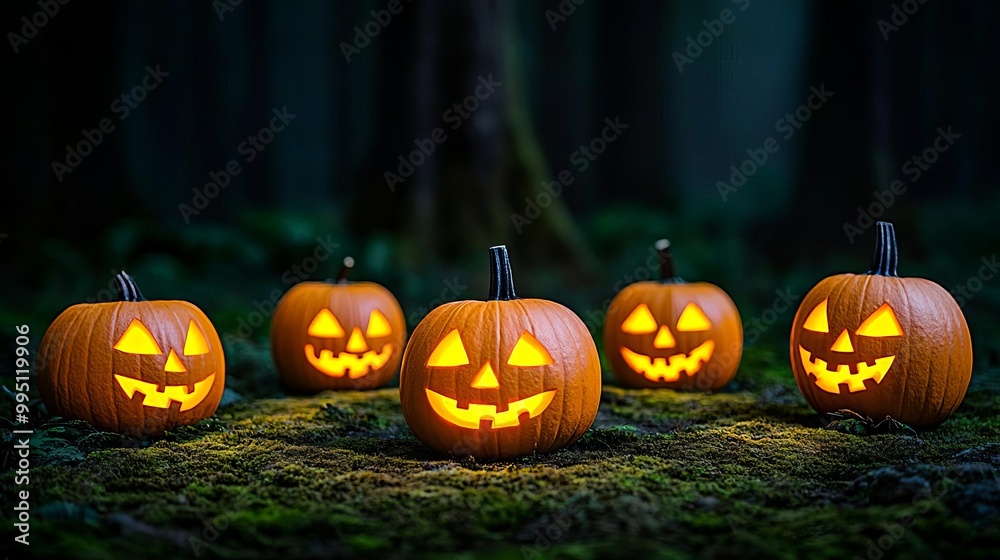 Pumpkins arranged in a circle in the center of a dark forest clearing Pumpkins arranged in a circle in the center of a dark forest clearing
