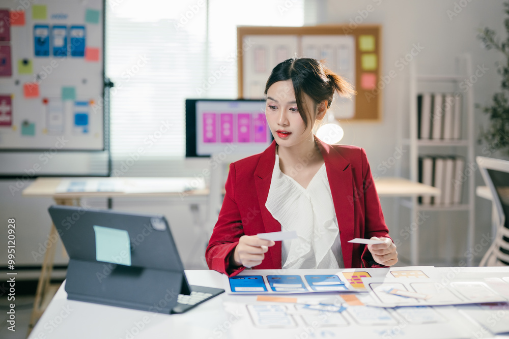 Focused asian woman ux ui designer comparing paper drafts in modern office, surrounded by technology, planning mobile apps and websites Focused asian woman ux ui designer comparing paper drafts in modern office, surrounded by technology, planning mobile apps and websites