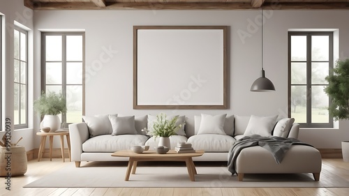 3D render of a mockup blank frame in a house living room