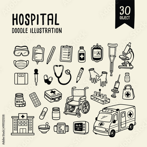 hospital element illustration, outline illustration style, doodle illustration