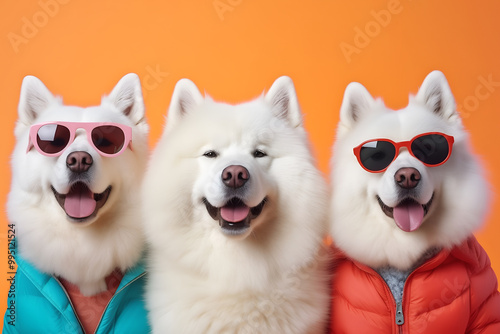Creative animal concept. Gang family of samoyed dog in vibrant bright fashionable outfits, commercial, editorial advertisement, surreal surrealism. Group shot	
