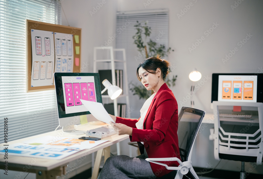 Focused asian woman designing mobile app in modern office, surrounded by tech tools, analyzing wireframes on computer screen Focused asian woman designing mobile app in modern office, surrounded by tech tools, analyzing wireframes on computer screen