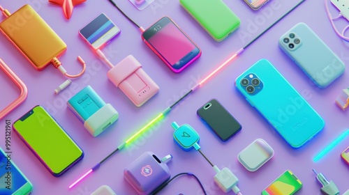 Technology Gadgets and Cables on Purple Background