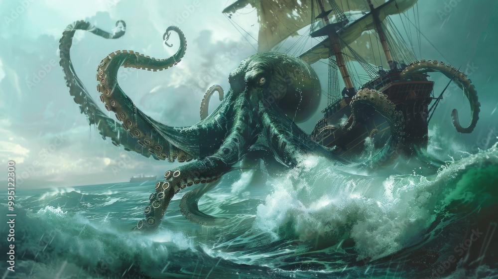Fototapeta premium The mystical Kraken is illustrated with carefully spaced images