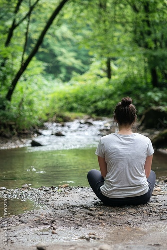 A person sitting quietly by a gentle stream, listening to the sound of water. The serene environment promotes inner peace photo