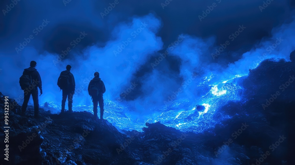 Fototapeta premium Scientists studying the unique properties of blue lava at a volcanic site