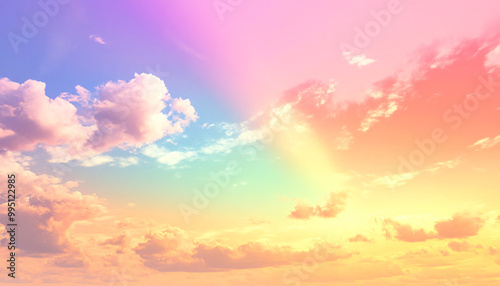 A dreamy sky transitioning from a golden sunset to a full spectrum of rainbow colors, giving off a vibrant yet calming feel