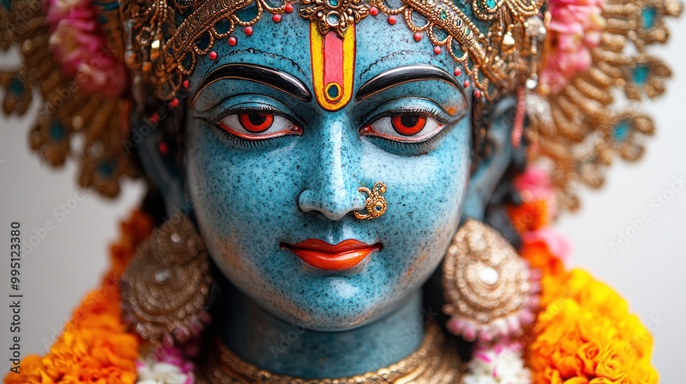 A vibrant statue of a deity adorned with flowers and jewelry. A vibrant statue of a deity adorned with flowers and jewelry.
