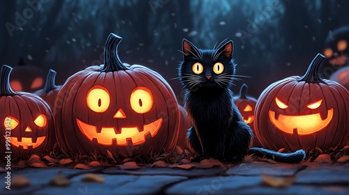 Spooky Black Cat with Halloween Jack-o'-Lanterns