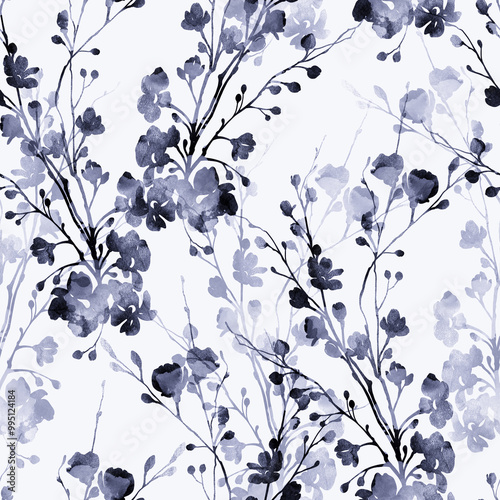 Fototapeta Naklejka Na Ścianę i Meble -  imprints herbs, flowers and leaves. abstract watercolor and digital image. hand drawn boho spring seamless pattern. mixed media artwork for textiles, fabrics, souvenirs, packaging and greeting cards.