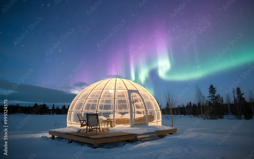 A glass igloo with a wooden deck and chairs sits in a snowy field under a vibrant aurora borealis display. A glass igloo with a wooden deck and chairs sits in a snowy field under a vibrant aurora borealis display.