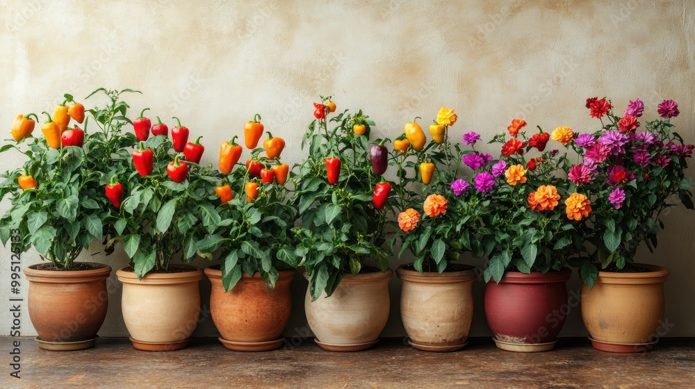 Vibrant potted plants with colorful flowers and peppers arranged neatly. Vibrant potted plants with colorful flowers and peppers arranged neatly.