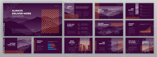 Creative Powerpoint presentation template set. Modern Keynote presentation background, brochure cover design, brand guidelines, proposal presentation, annual report, company profile, pitch deck.