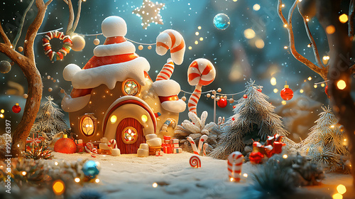 whimsical Christmas scene featuring charming gingerbread house surrounded by candy canes, snow covered trees, and festive decorations. warm glow of lights adds magical touch to this enchanting winter