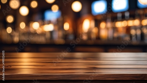 Wallpaper Mural empty wooden brown table top on the background of a blurred bar Torontodigital.ca