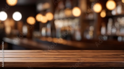 empty wooden brown table top on the background of a blurred bar