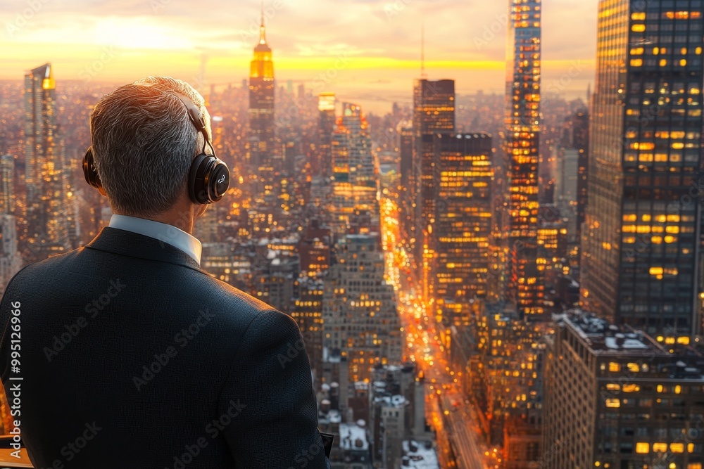 Rear view of a businessman overlooking a glowing cityscape symbolizing digital connectivity urban life and modern technology