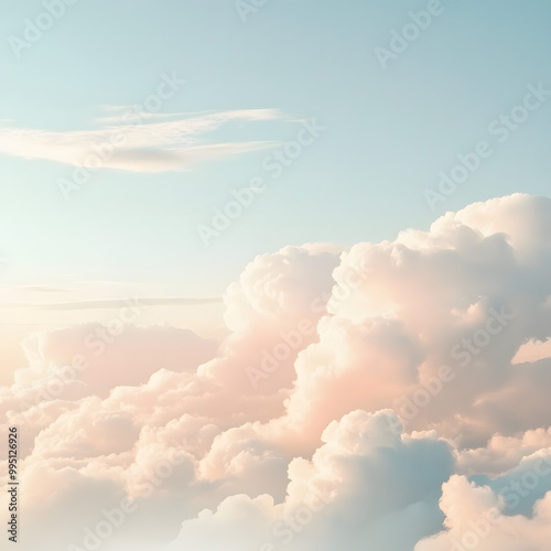 Clouds background in soft, warm, pastel and neutral colors. Aesthetic minimalism wallpaper for social media content. View of sky above clouds. Serene, calming backdrop. Tranquility and simplicity photo