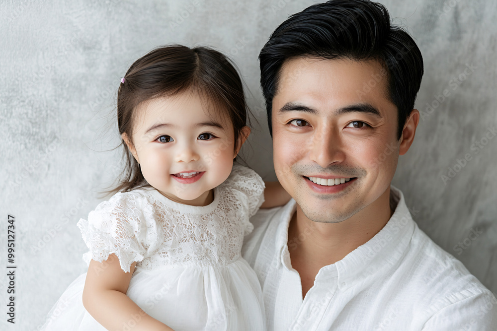 Young Chinese father and cute daughter interacting and smiling in plain background, dressed in simple Uniqlo clothes, family photo portrait. Young Chinese father and cute daughter interacting and smiling in plain background, dressed in simple Uniqlo clothes, family photo portrait.