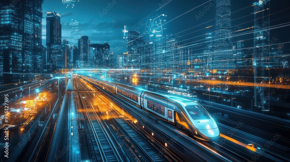 A futuristic smart city transportation system with elevated railways and automated vehicles under construction