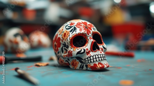 Colorful decorative skull on a table surrounded by art supplies.