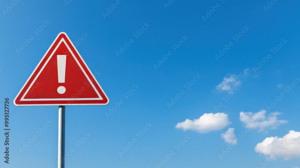 A striking red warning sign against a clear blue sky, symbolizing caution and alertness in various settings. A striking red warning sign against a clear blue sky, symbolizing caution and alertness in various settings.