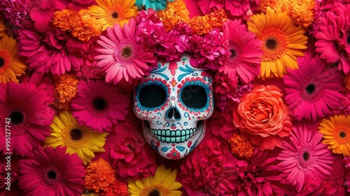 Colorful skull surrounded by vibrant flowers, perfect for celebration themes.