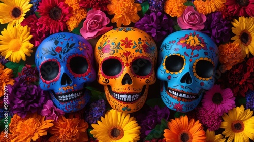 Colorful sugar skulls surrounded by vibrant flowers for celebration.