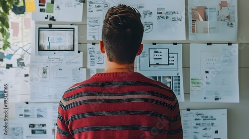 A Man in a Red Striped Sweater Studying Whiteboard Notes