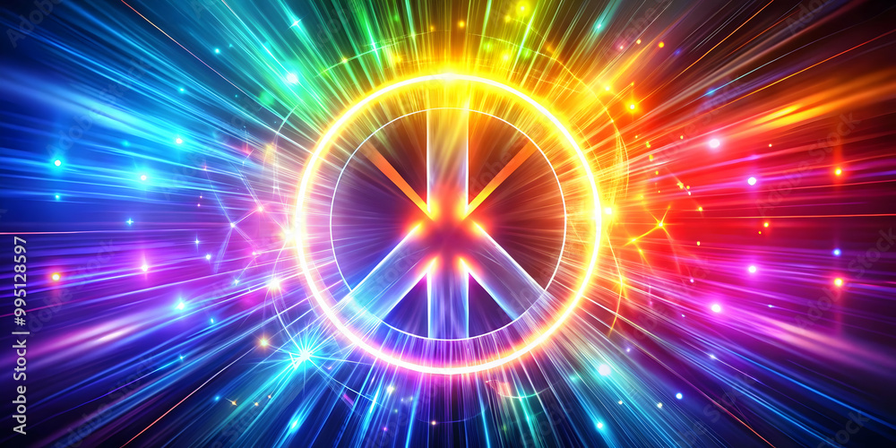 Digital Glowing Peace Sign in Abstract Light Burst Symbolizing Equality & Human Rights Day - Modern Futuristic Photo Concept Digital Glowing Peace Sign in Abstract Light Burst Symbolizing Equality & Human Rights Day - Modern Futuristic Photo Concept