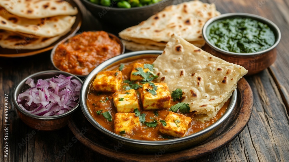 **Aromatic Paneer Butter Masala with Naan and Side Dishes**. AI Generated **Aromatic Paneer Butter Masala with Naan and Side Dishes**. AI Generated