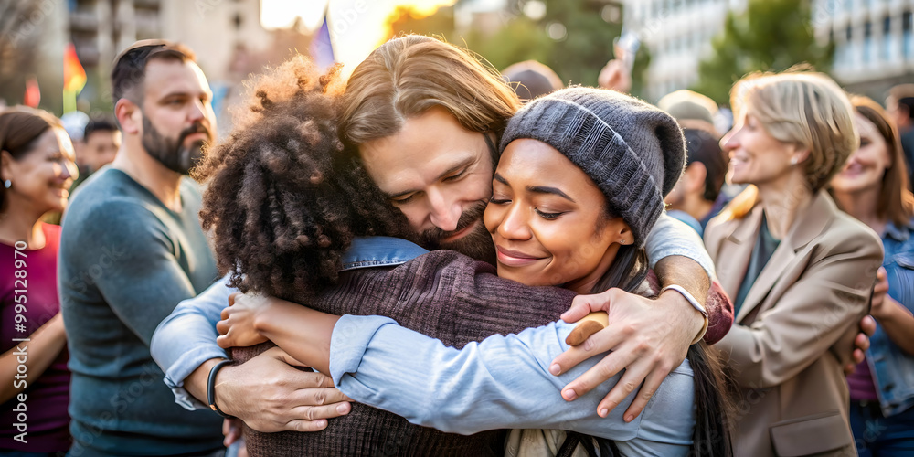 Candid Shot of Emotional Embrace at Human Rights Day Protest: Authentic Moment of Unity, Peace, and Solidarity Captured in Medium Focus Photo Candid Shot of Emotional Embrace at Human Rights Day Protest: Authentic Moment of Unity, Peace, and Solidarity Captured in Medium Focus Photo