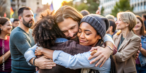 Candid Shot of Emotional Embrace at Human Rights Day Protest: Authentic Moment of Unity, Peace, and Solidarity Captured in Medium Focus Photo