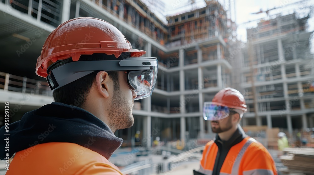 Engineers using augmented reality glasses to visualize complex infrastructure plans onsite in a bustling construction zone Engineers using augmented reality glasses to visualize complex infrastructure plans onsite in a bustling construction zone