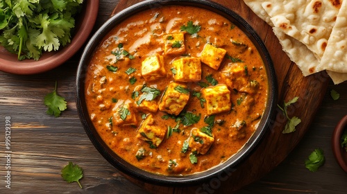 Creamy Paneer Butter Masala with Naan Bread on a Rustic Wooden Tabletop. AI Generated photo